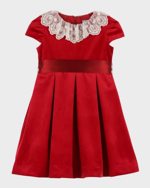 Girl's Pleated Lace-Trim Velvet Dress, Size 2-6