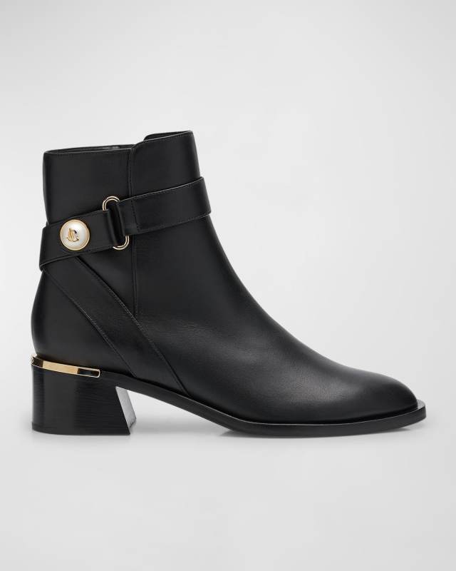 Noor Leather Pearly-Button Ankle Booties