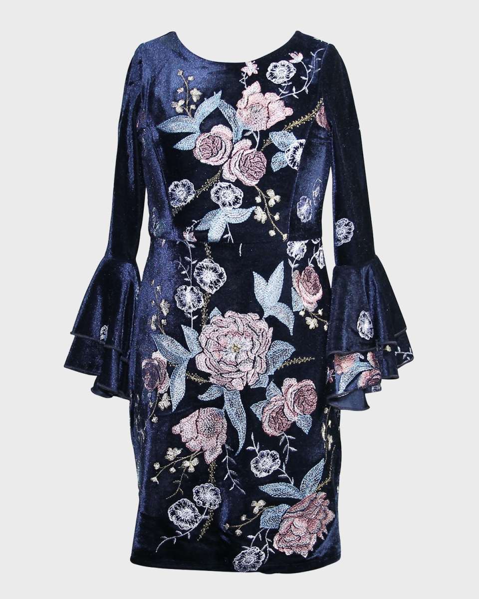 Girl's Bell-Sleeve Floral-Embroidered Velvet Dress, Size 6-14
