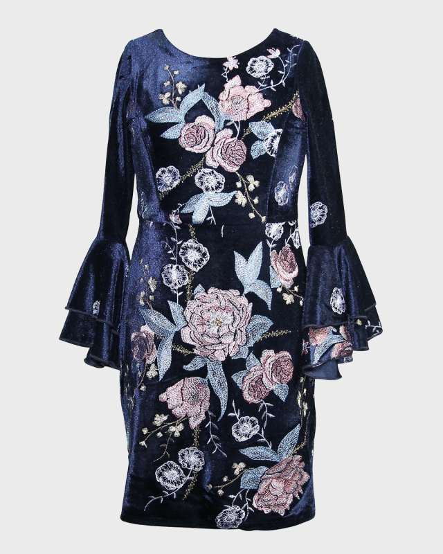 Girl's Bell-Sleeve Floral-Embroidered Velvet Dress, Size 6-14