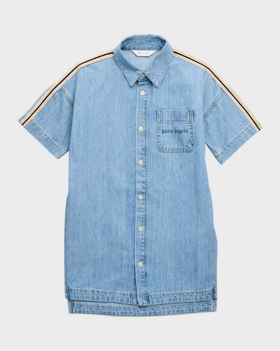 Girl's Cotton Chambray Short-Sleeve Track Dress, Size 4-12