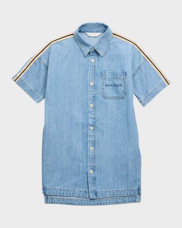 Girl's Cotton Chambray Short-Sleeve Track Dress, Size 4-12