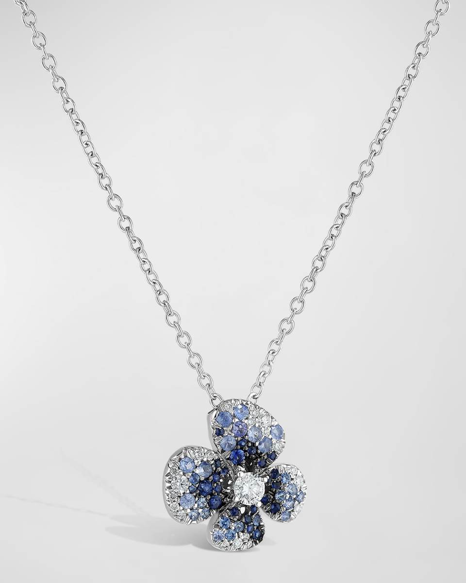 Ischia Pendant Necklace in 18K White Gold with White Diamonds and Shaded Blue Sapphires