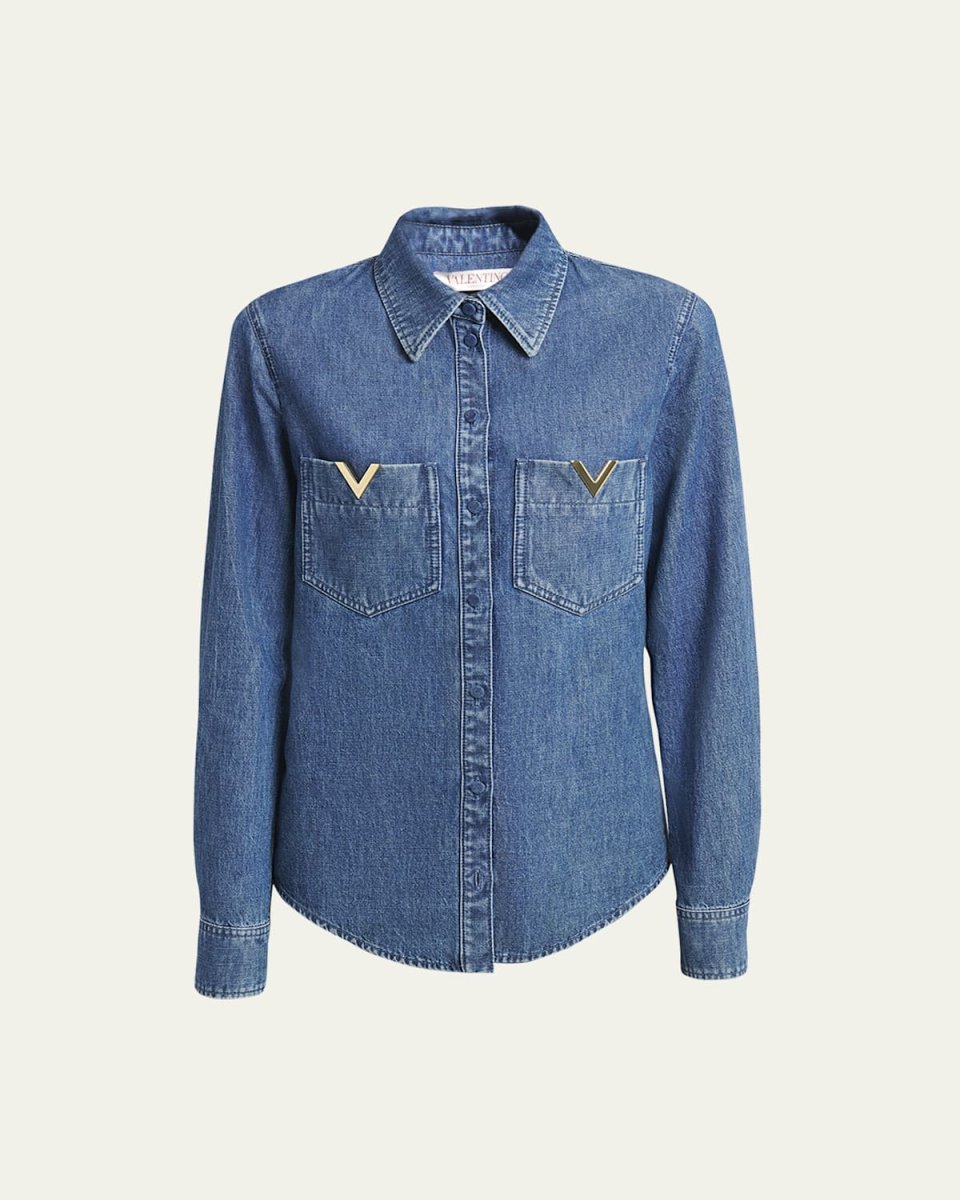 Denim Button-Front Shirt with Logo Pocket Detail