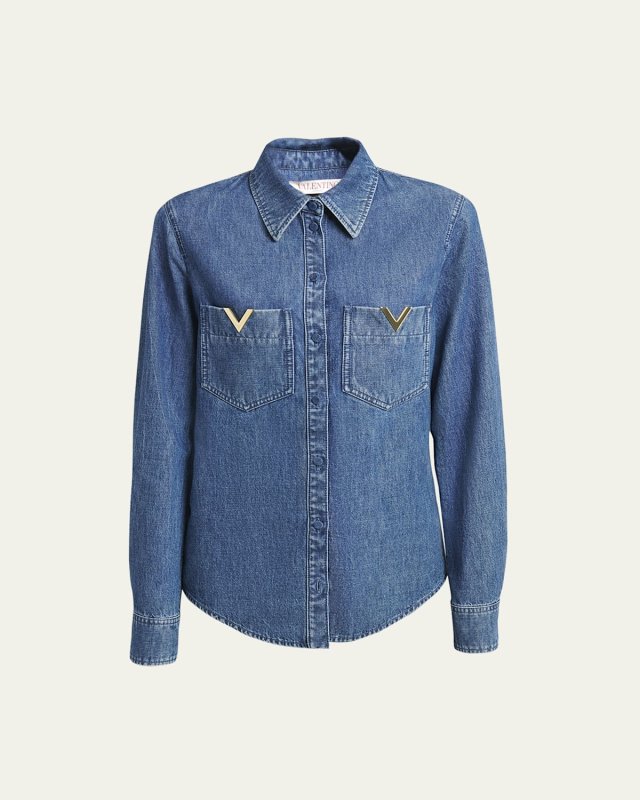 Denim Button-Front Shirt with Logo Pocket Detail