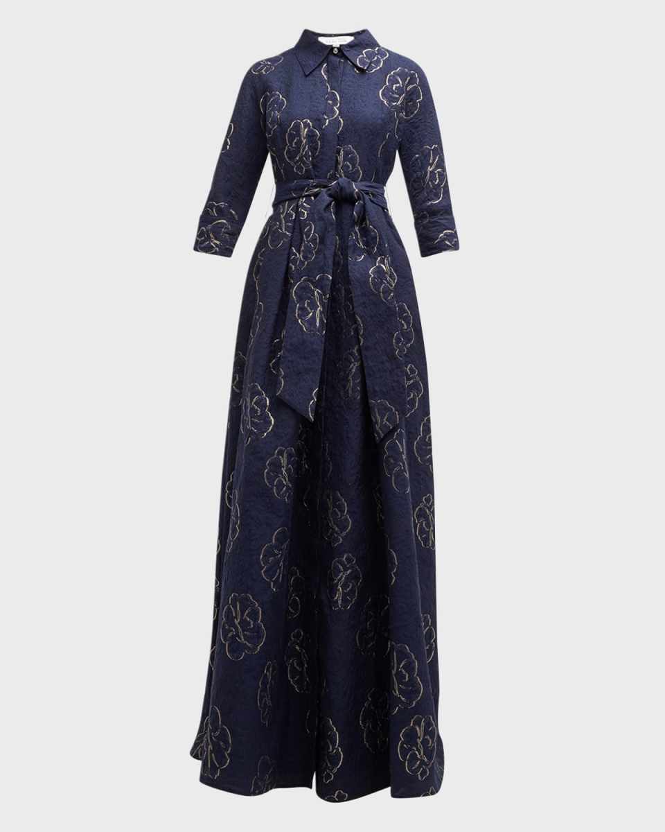 Pleated Metallic Floral Jacquard Shirt Gown