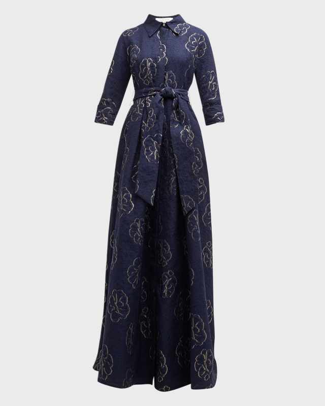 Pleated Metallic Floral Jacquard Shirt Gown