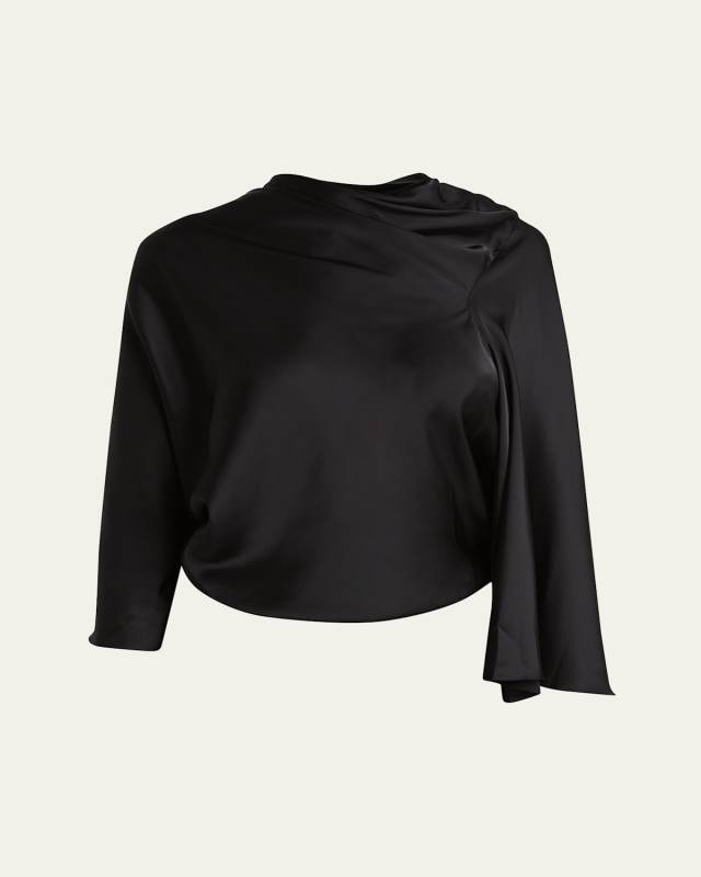3/4-Sleeve Cowl-Neck Satin Blouse