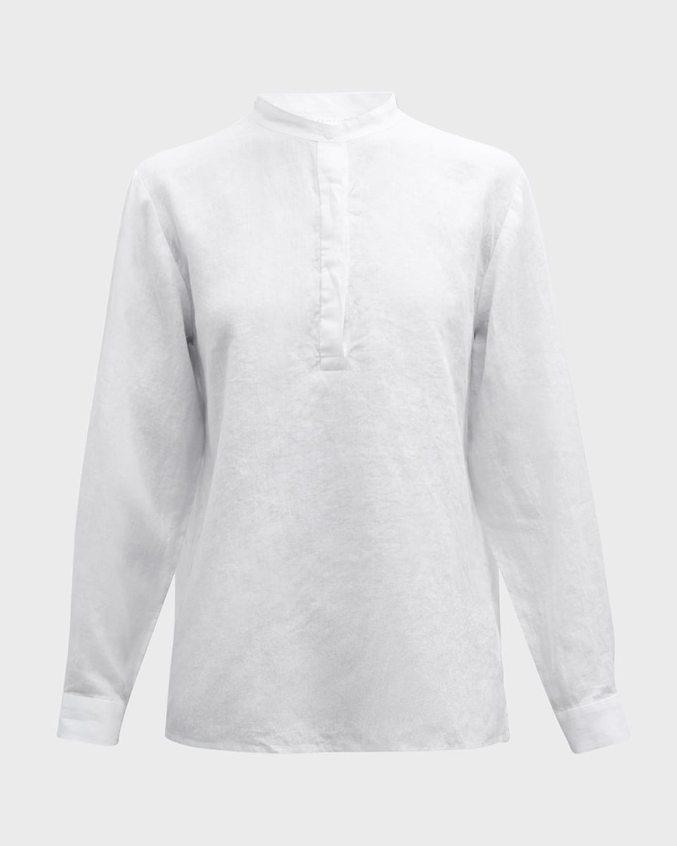 Band-Collar Organic Linen Henley Top