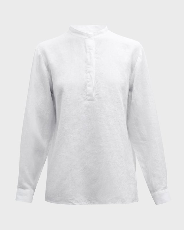 Band-Collar Organic Linen Henley Top