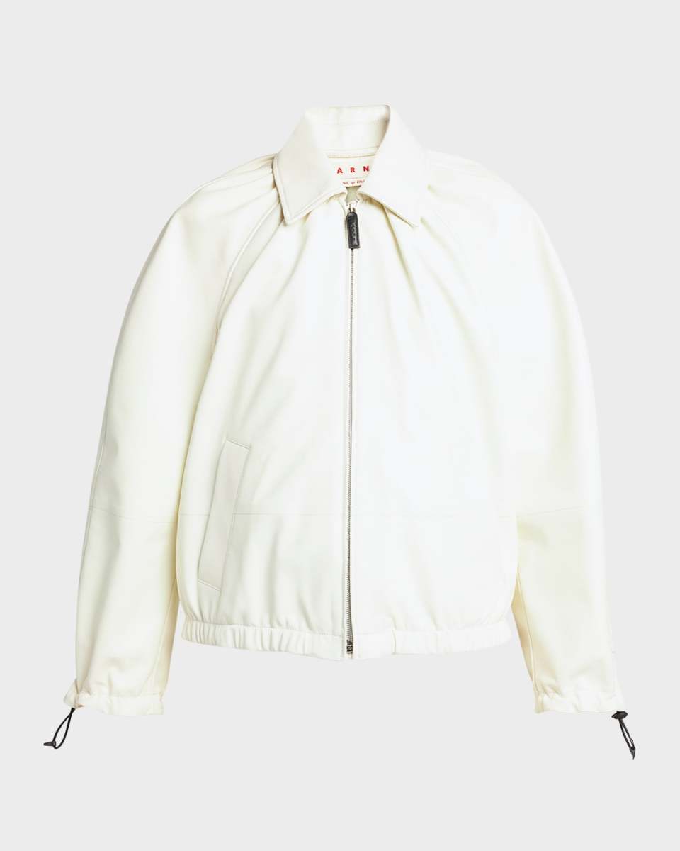 Gathered Collar Leather Zip Jacket