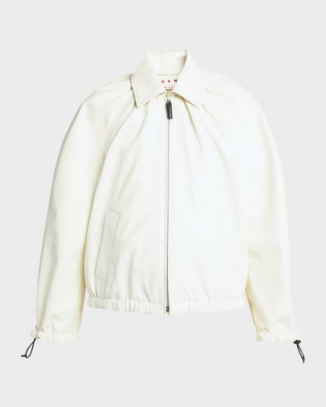 Gathered Collar Leather Zip Jacket