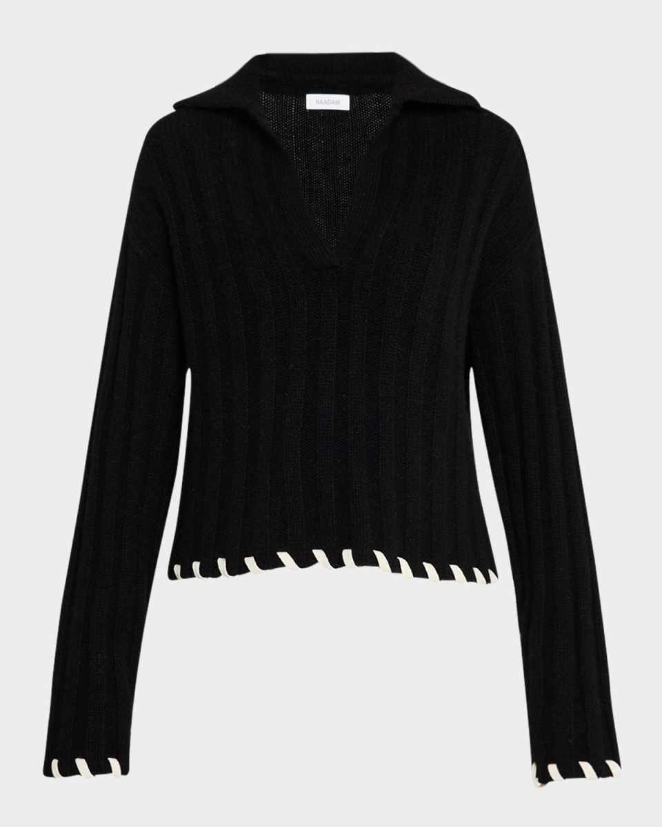 Wool-Cashmere Contrast Laced Polo Sweater