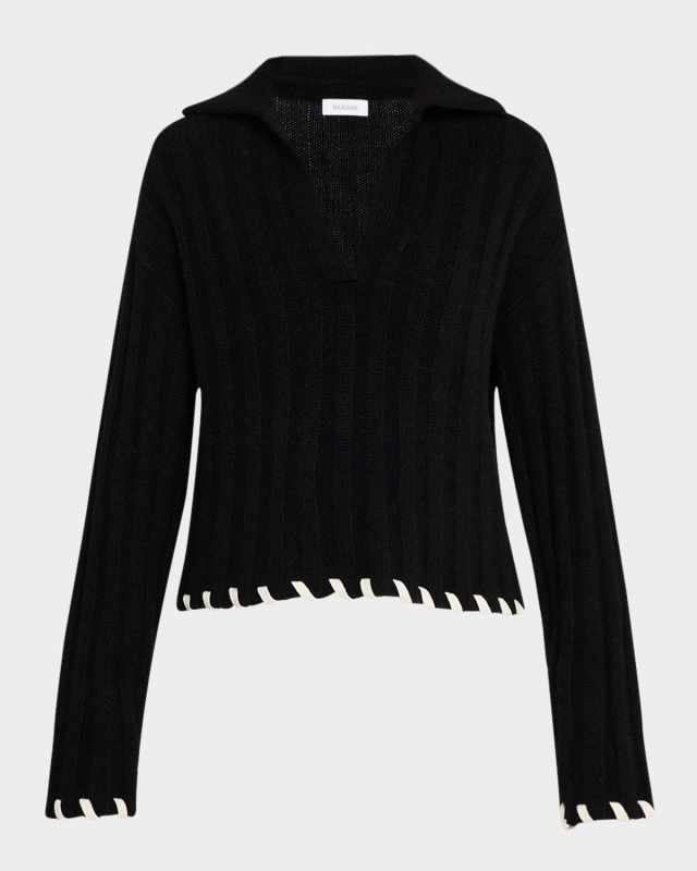 Wool-Cashmere Contrast Laced Polo Sweater