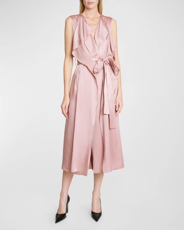 Sleeveless Satin Midi Wrap Trench Dress