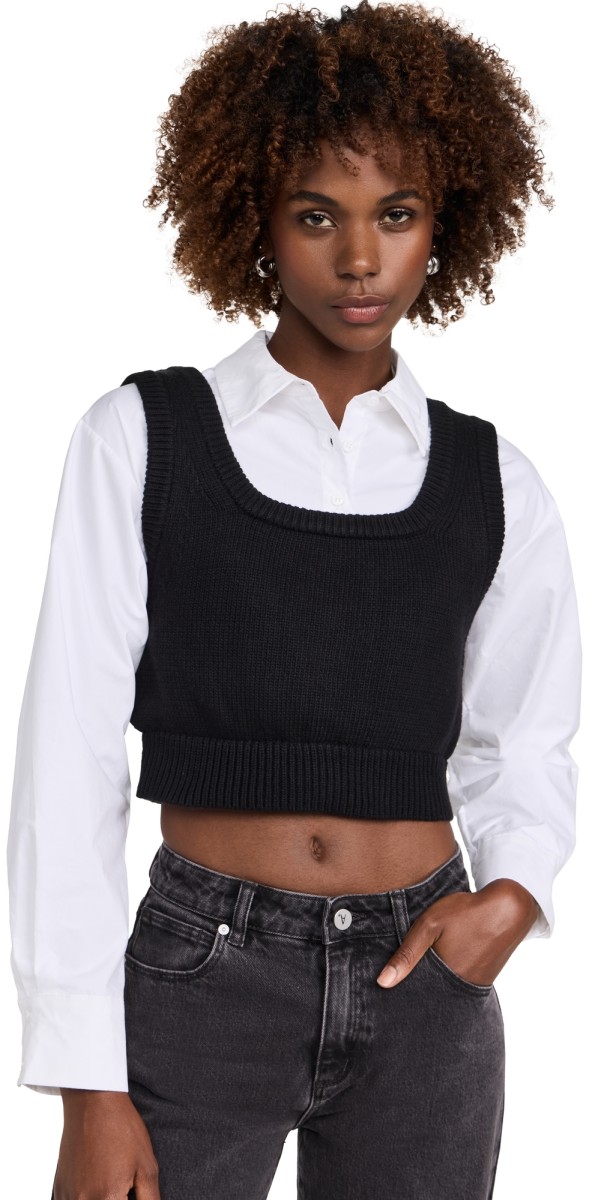 English Factory Cropped Knit Top Over Shirt White/Black