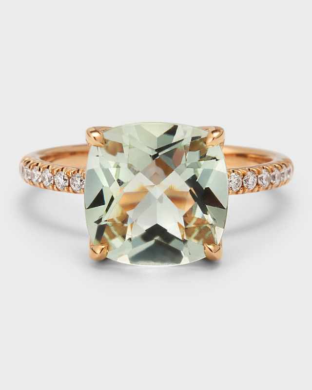 Rocks 18K Rose Gold Cushion Cut Green Quartz and Pavé Diamond Cocktail Ring, Size 6
