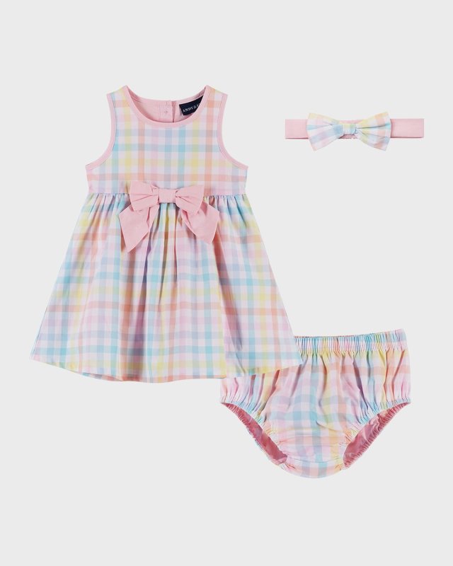 Girl's Multicolor Gingham-Print Dress W/ Bloomers And Headband, Size Newborn-18M
