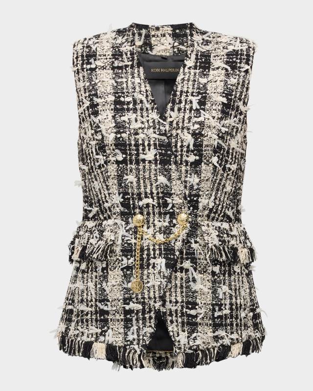 Danni Chain-Embellished Frayed Tweed Vest