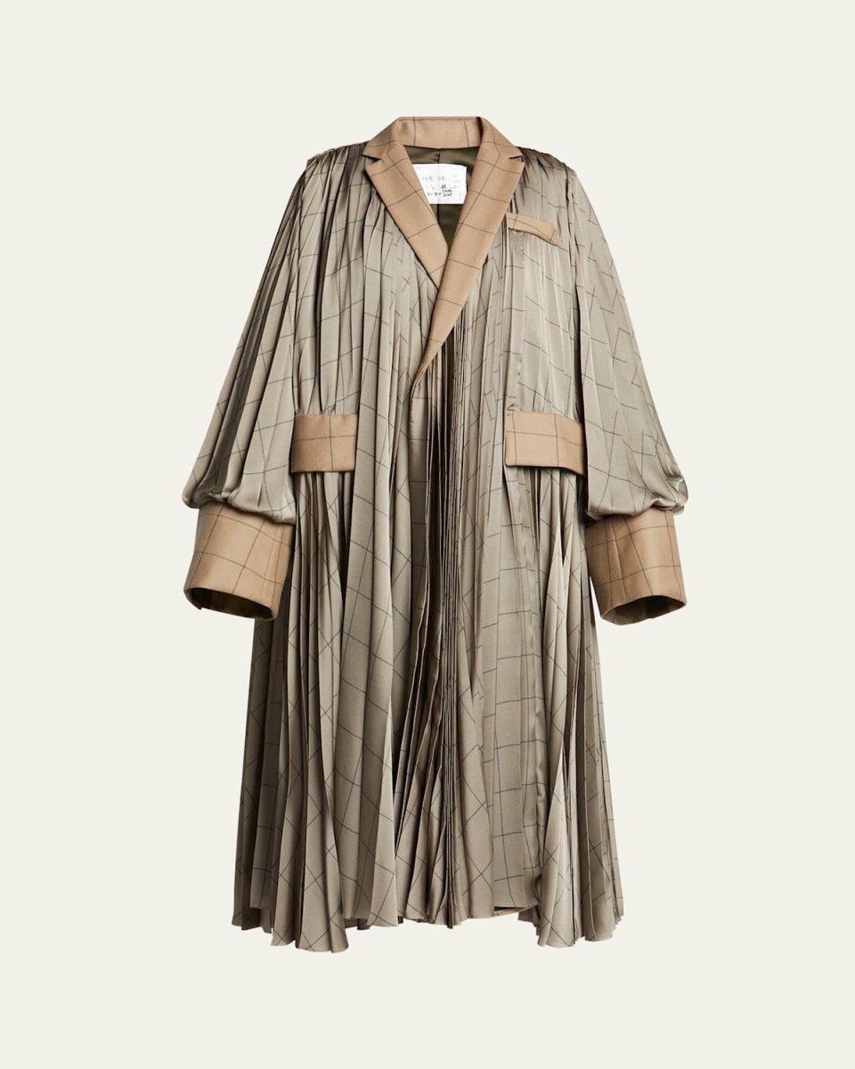 Windowpane Oversized Pleated Wool Coat
