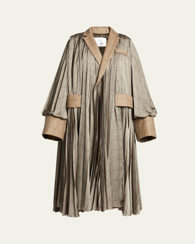 Windowpane Oversized Pleated Wool Coat