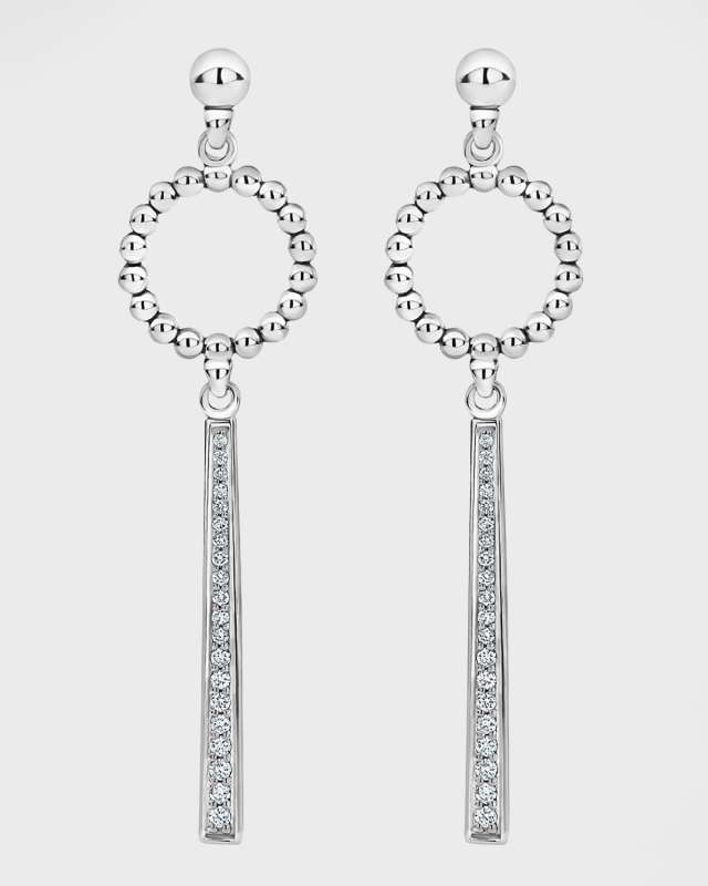 Sterling Silver Caviar Beaded Circle Drop Earrings with Linear Diamond Station