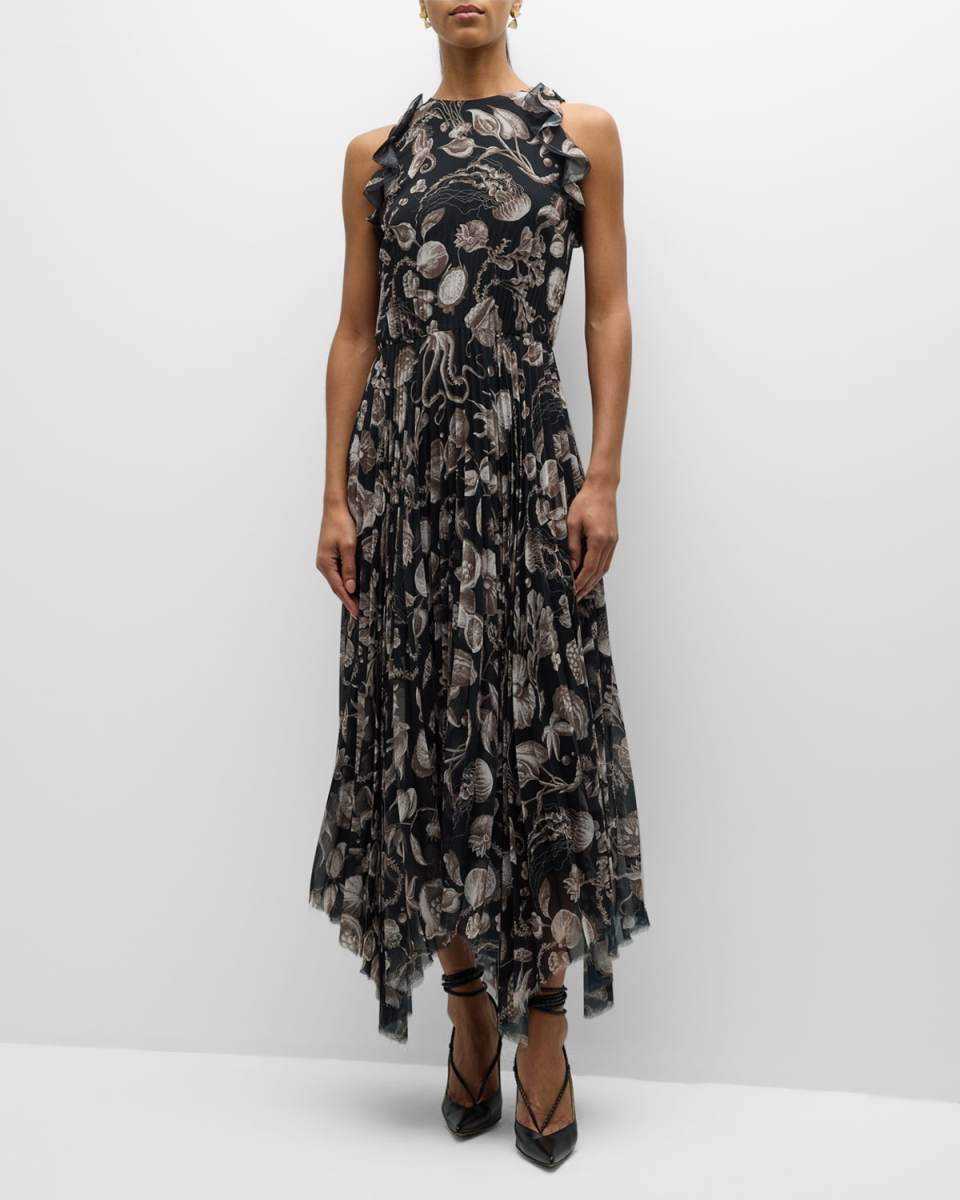 Marine Print Pleated Chiffon Midi Dress