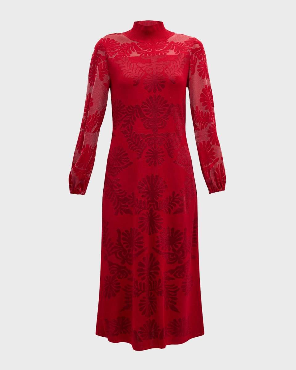 Mock-Neck Burnout Knit Midi Dress