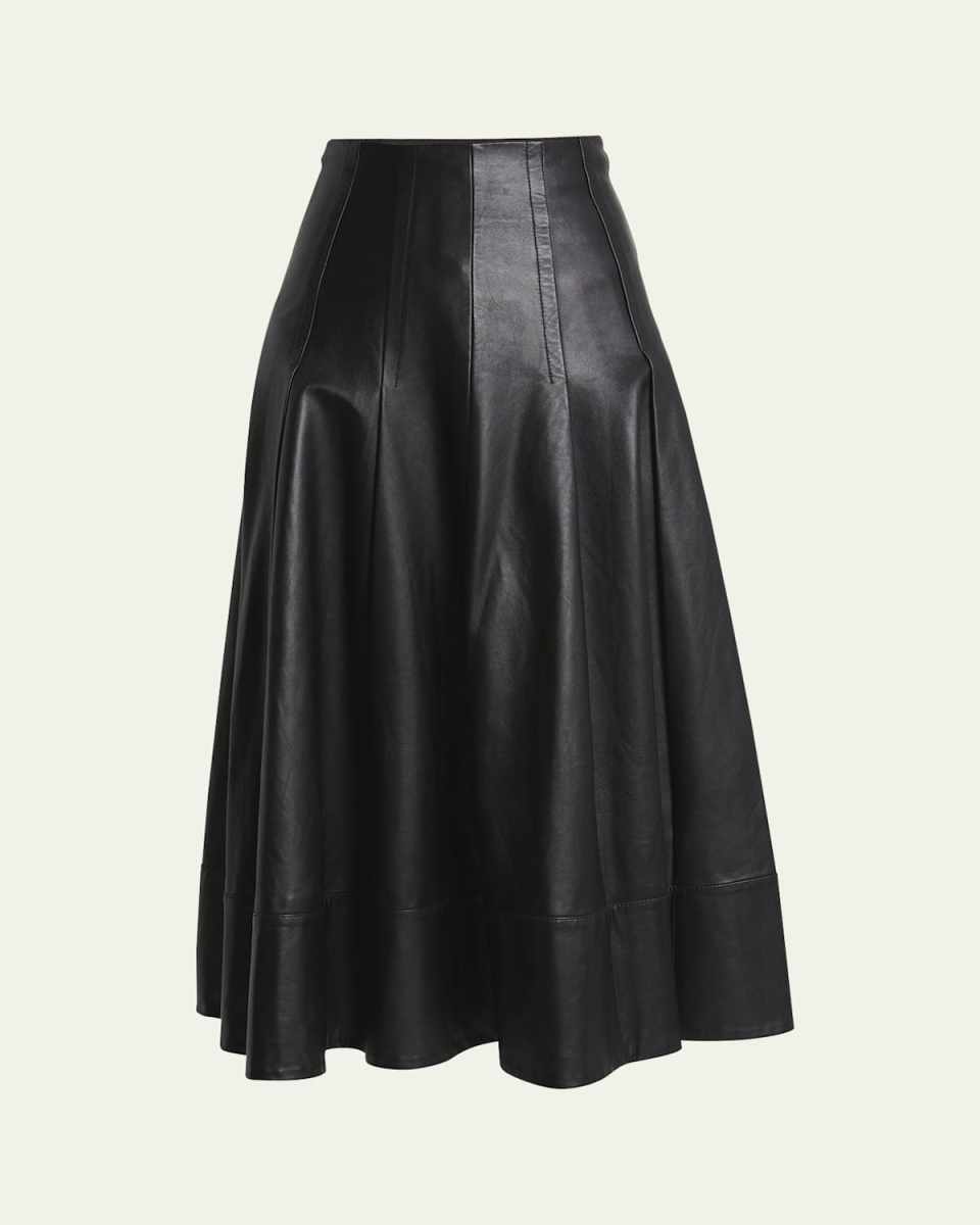 Moore Fit-Flare Glossy Leather Midi Skirt