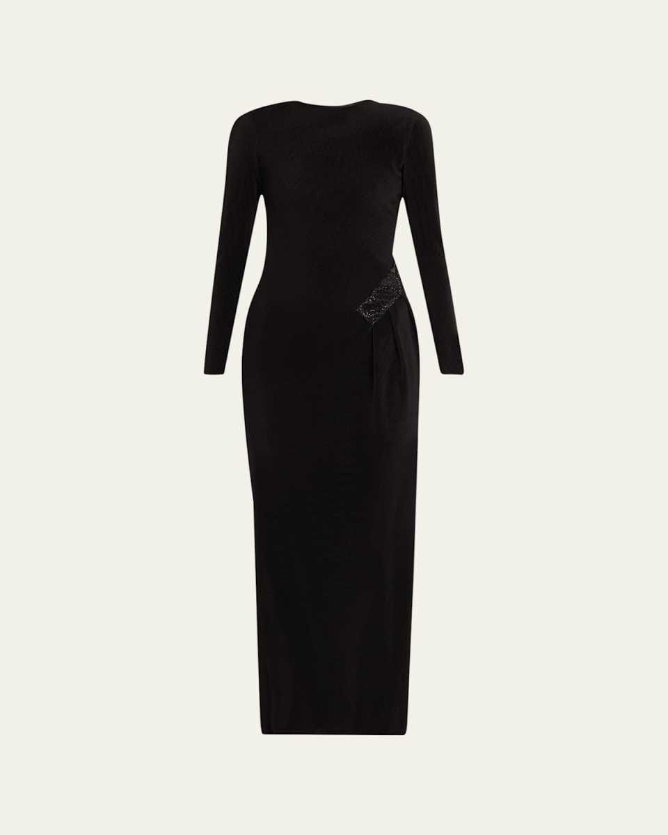 Plisse Jersey Gown with Beaded Hip Detail