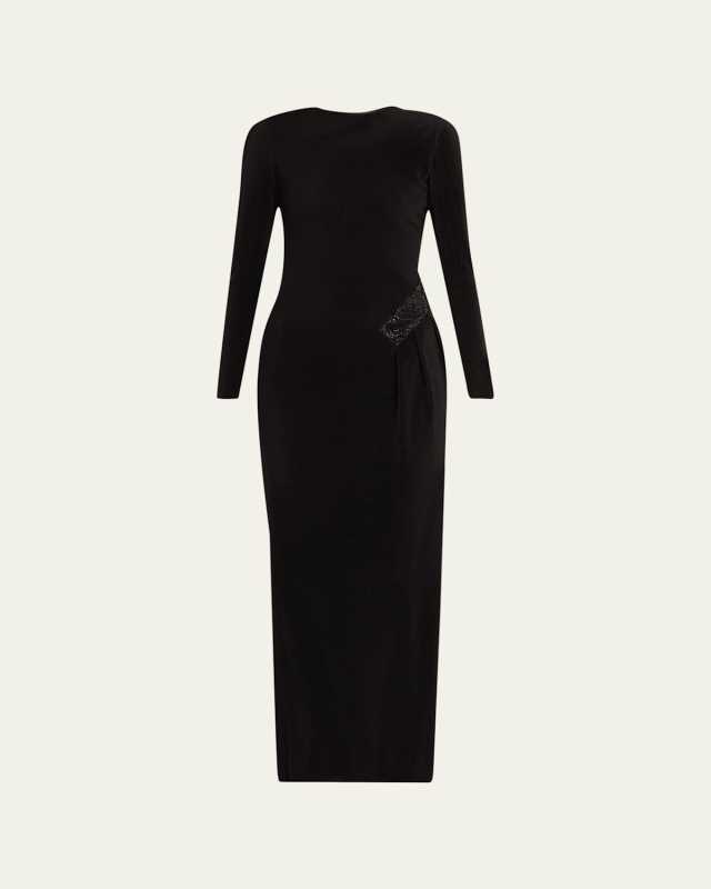 Plisse Jersey Gown with Beaded Hip Detail