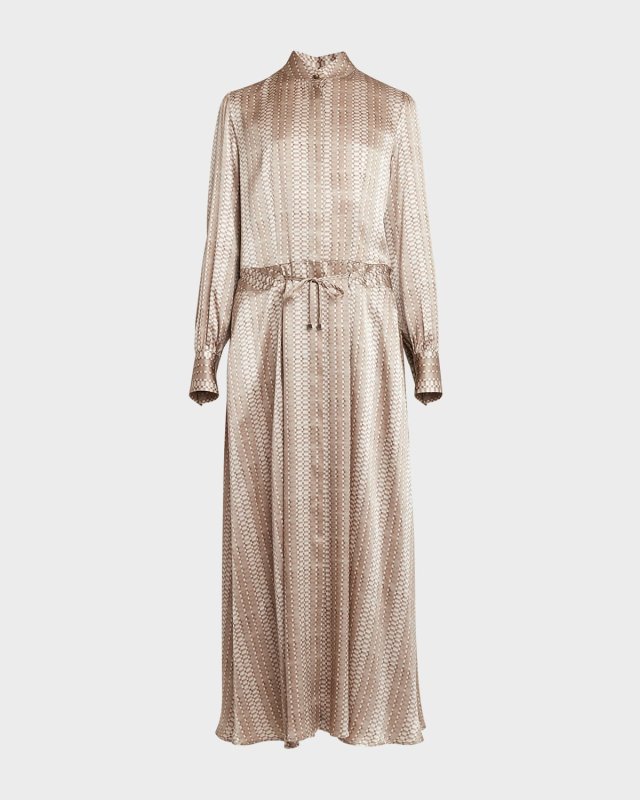 Printed Drawstring Silk Maxi Dress