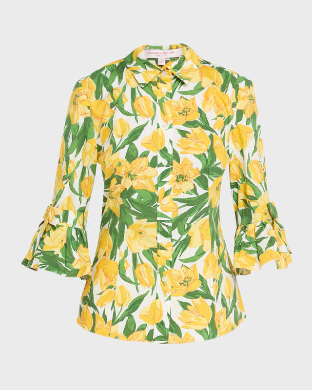 Floral Bow Flounce-Sleeve Button Down Blouse