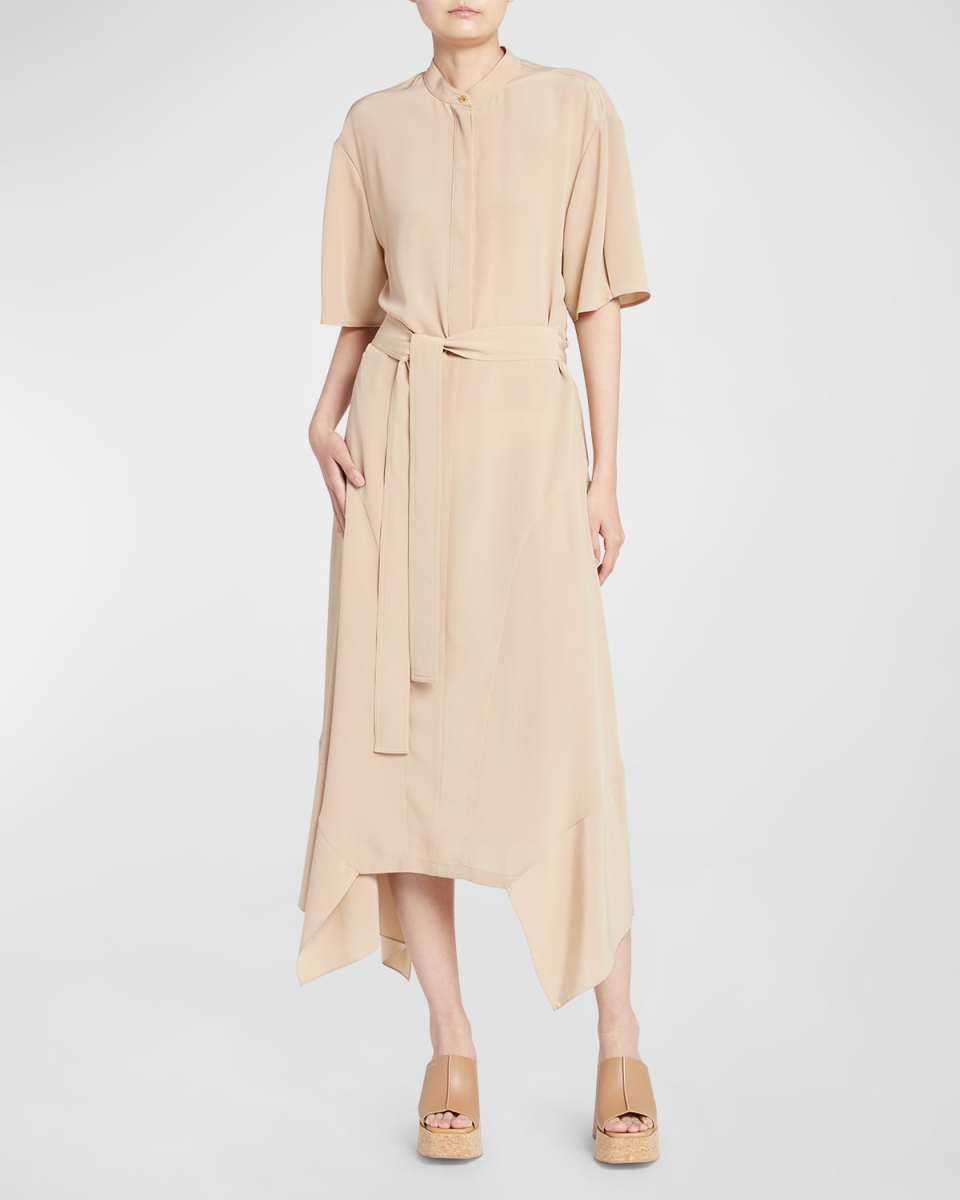 Silk Crepe De Chine Midi Dress with Tie Belt