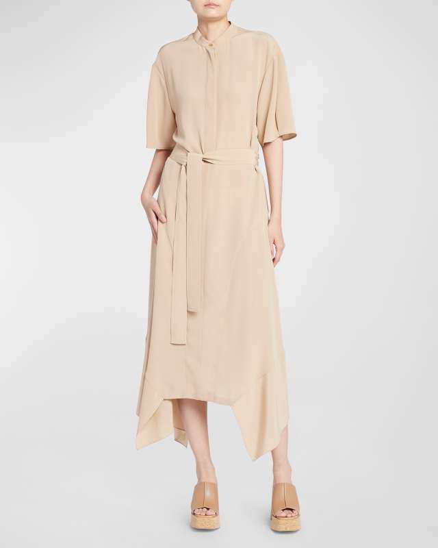Silk Crepe De Chine Midi Dress with Tie Belt