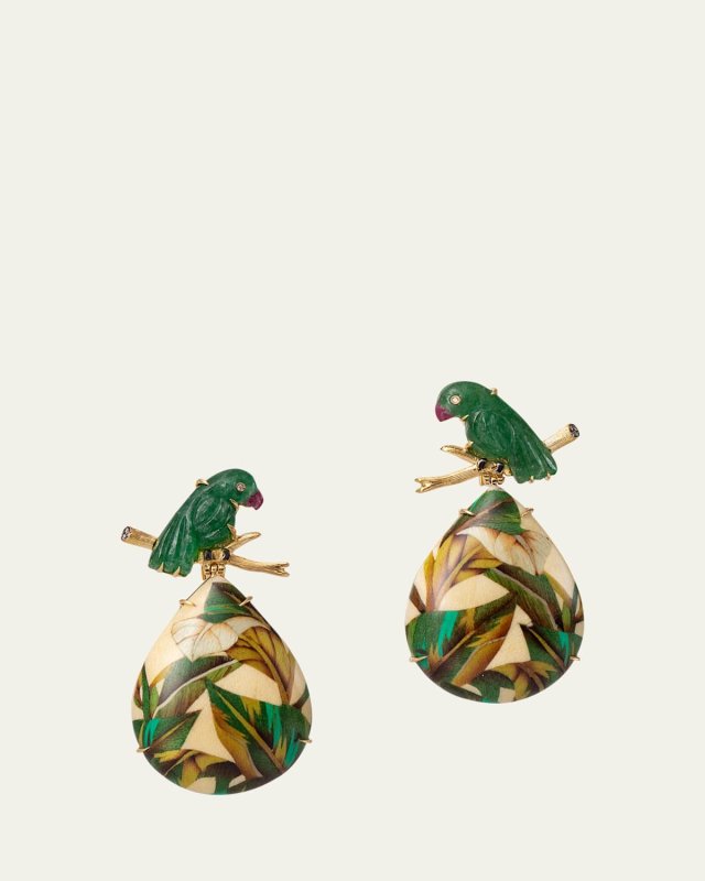 18K Yellow Gold Marquetry Earrings with Diamonds and Green Stones
