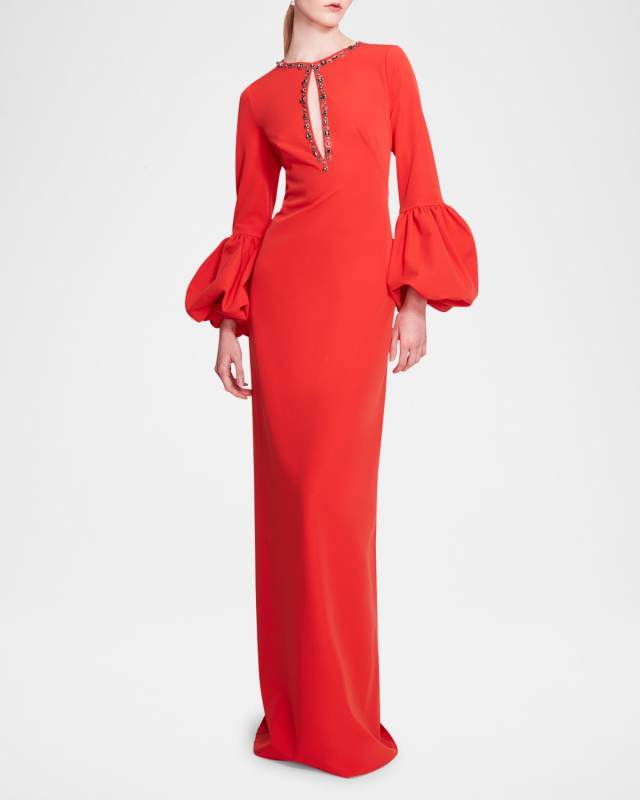Puff-Sleeve Cutout Column Gown