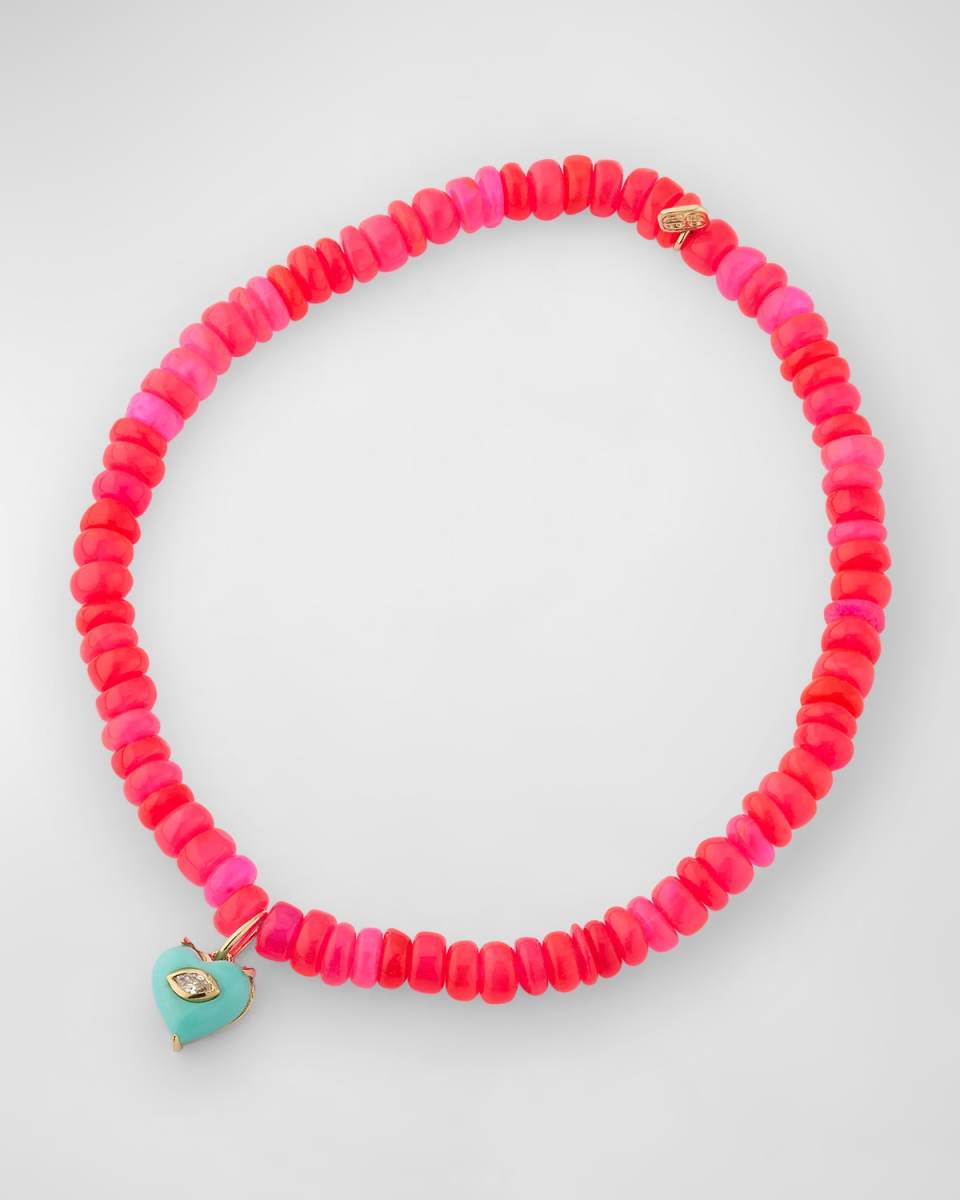 14K Yellow Gold Small Carved Diamond Marquise Bezel Turquoise Heart Charm on Hot Pink Opal Beaded Bracelet