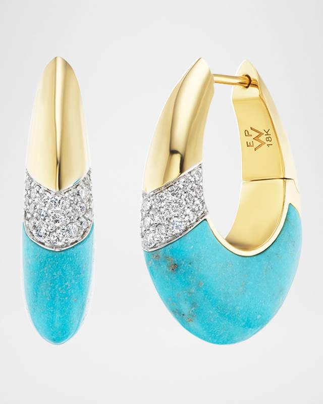 18K Yellow Gold Oval Hoop Earrings with Diamonds and Turquoise