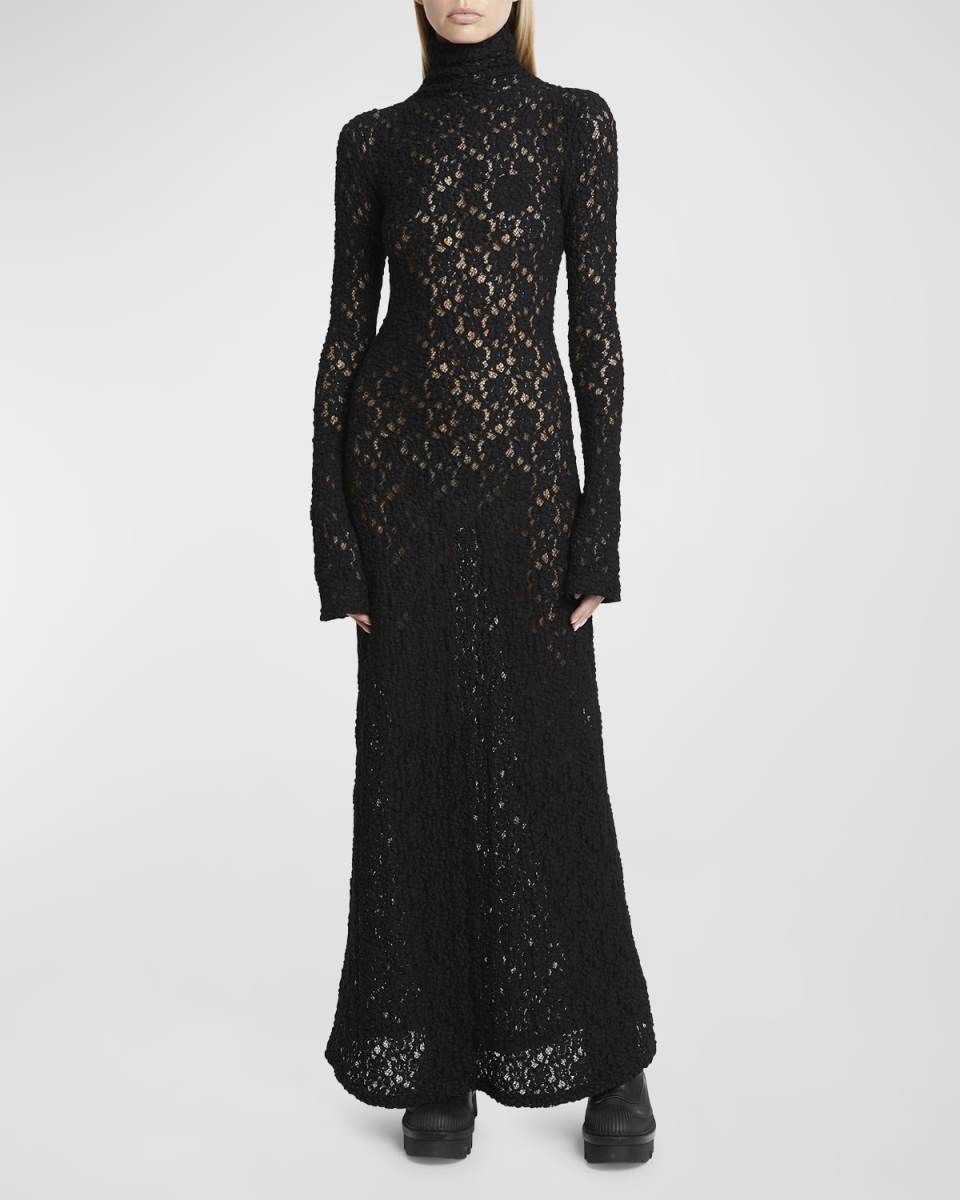 Turtleneck Long-Sleeve Smocked Lace Gown
