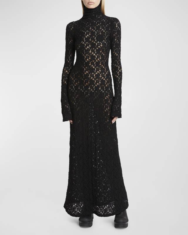 Turtleneck Long-Sleeve Smocked Lace Gown