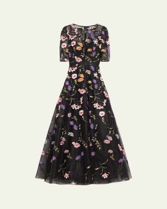 Beaded Floral-Embroidered Tulle Gown