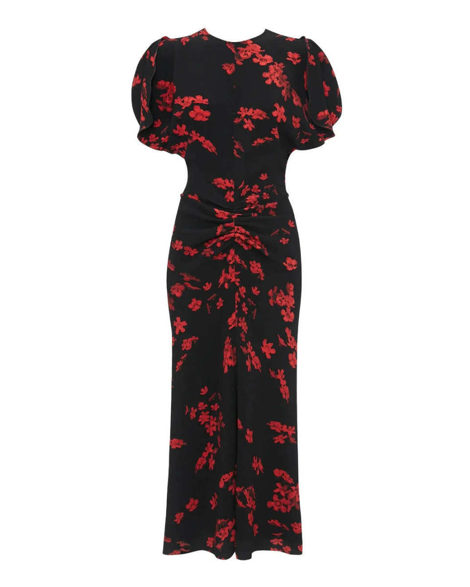 Gathered Waist Midi Dress SciFi Floral Black