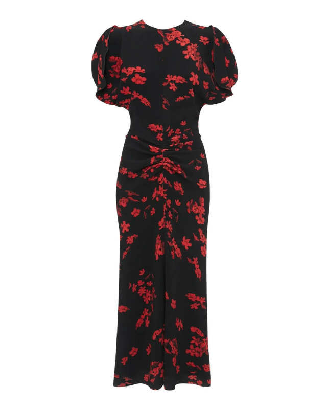 Gathered Waist Midi Dress SciFi Floral Black