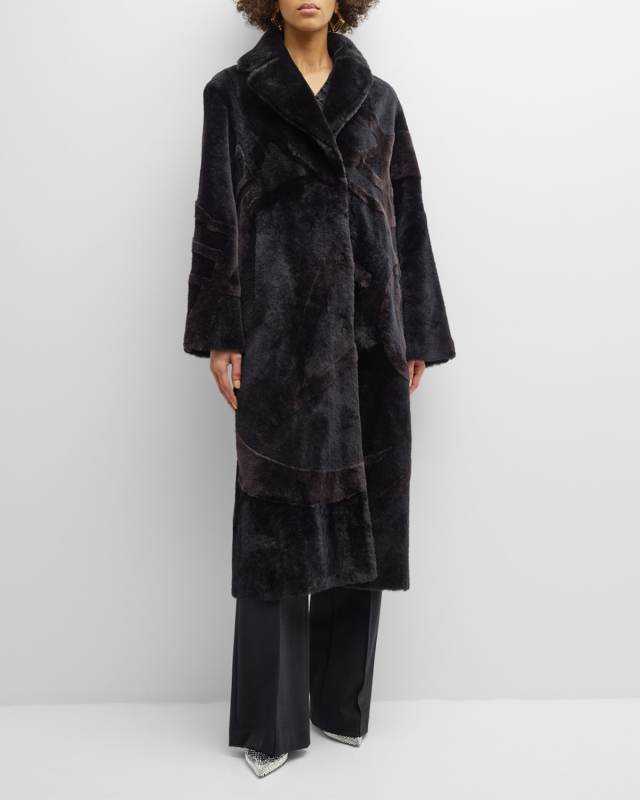 Abstract Intarsia Lamb Shearling Long Coat
