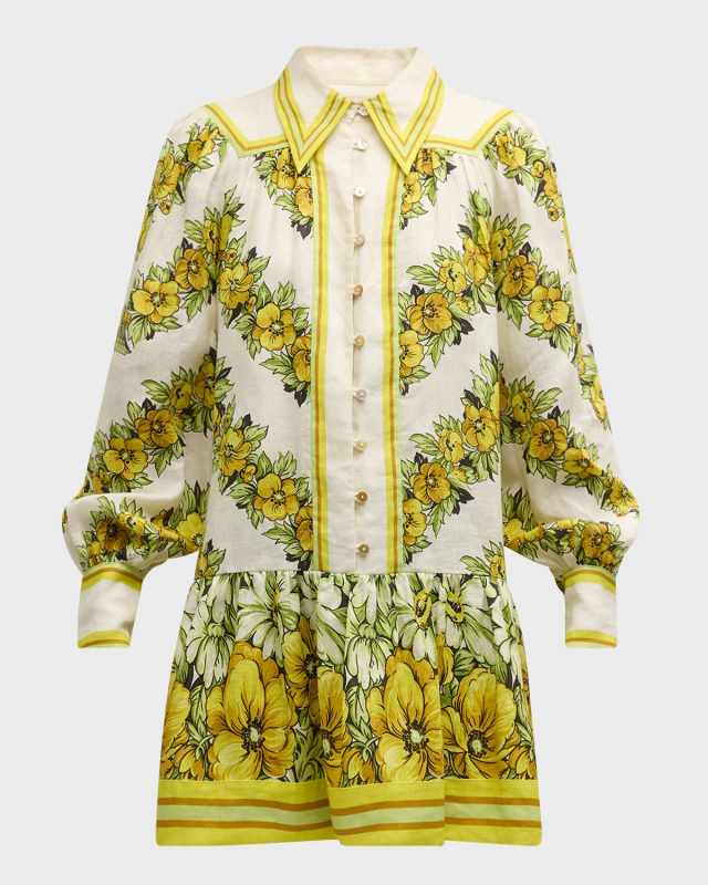 Gisela Floral Linen Balloon-Sleeve Mini Shirtdress