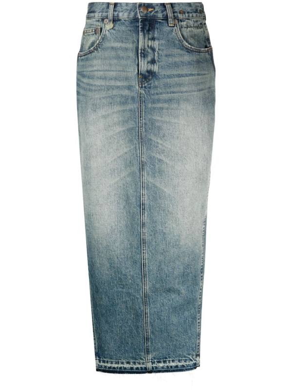 side-slit denim midi skirt