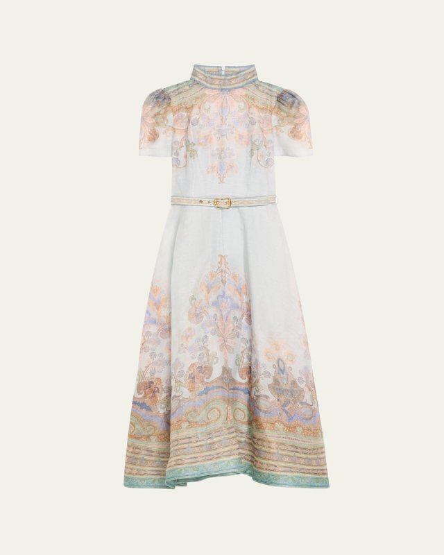 Eden Paisley-Print Short-Sleeve Belted Midi Dress