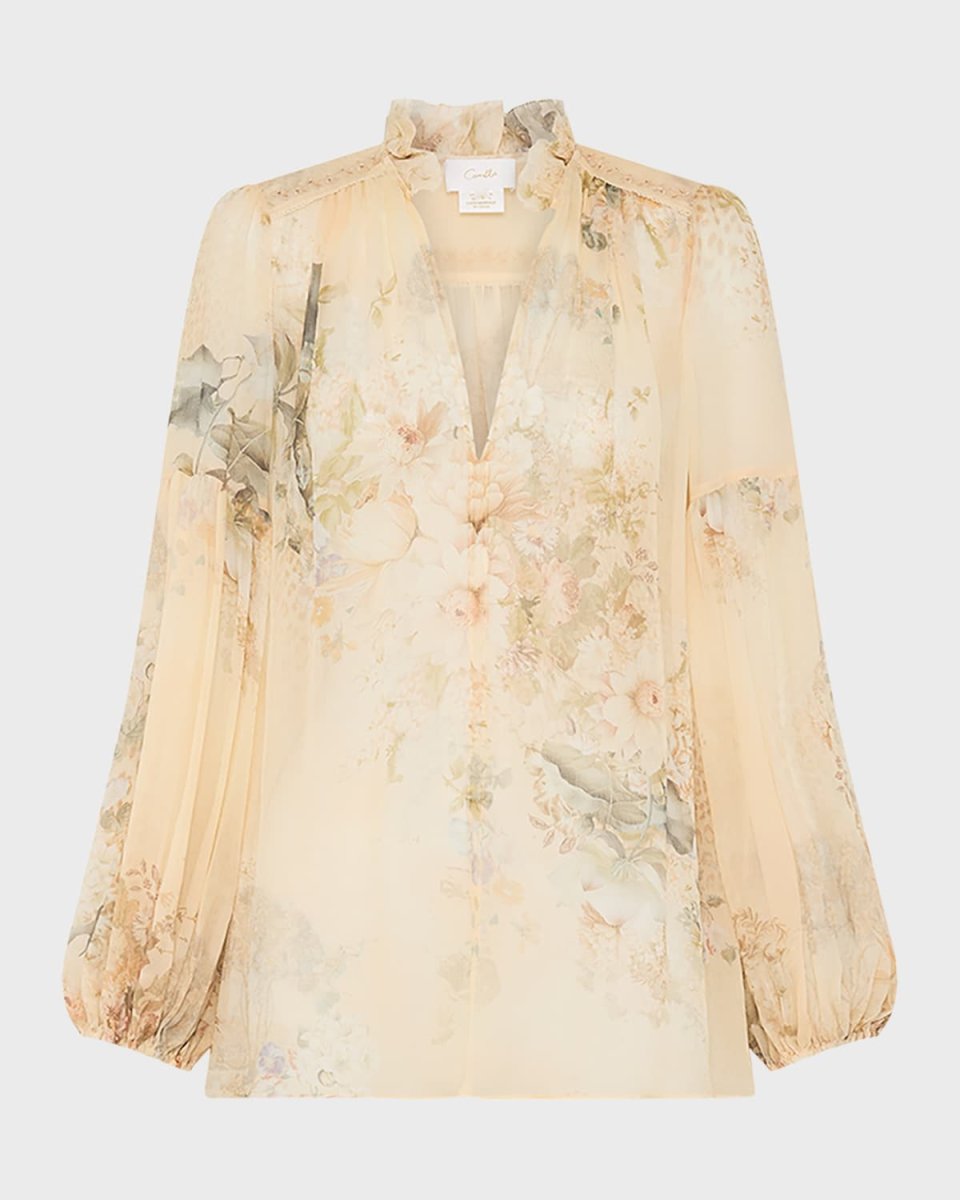 Silk Frill Collared Blouson-Sleeve Blous