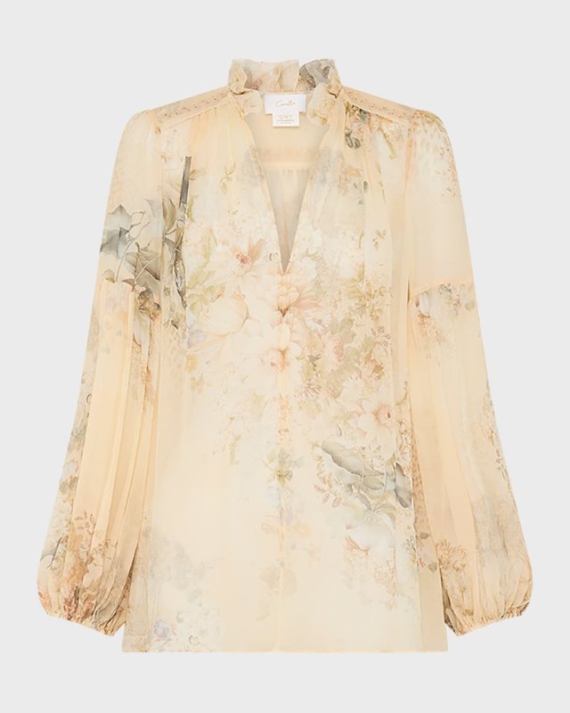 Silk Frill Collared Blouson-Sleeve Blous